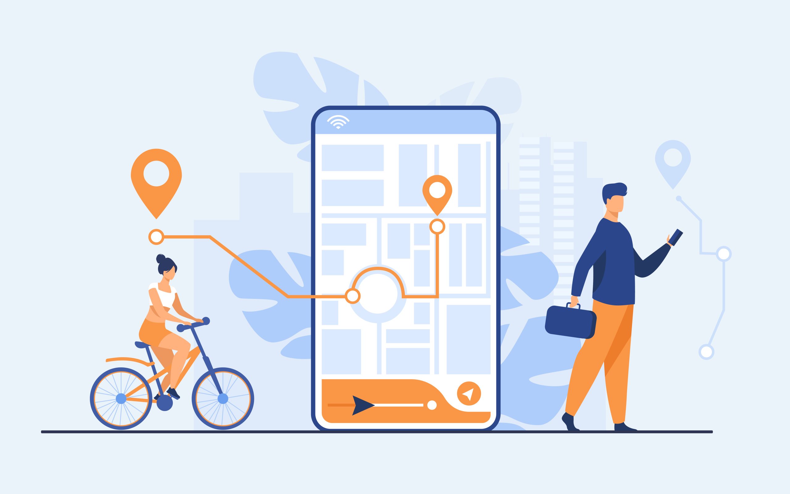 Tiny people using mobile application with map outdoors isolated flat vector illustration. Cartoon phone with navigation tracking app. Journey and technology concept