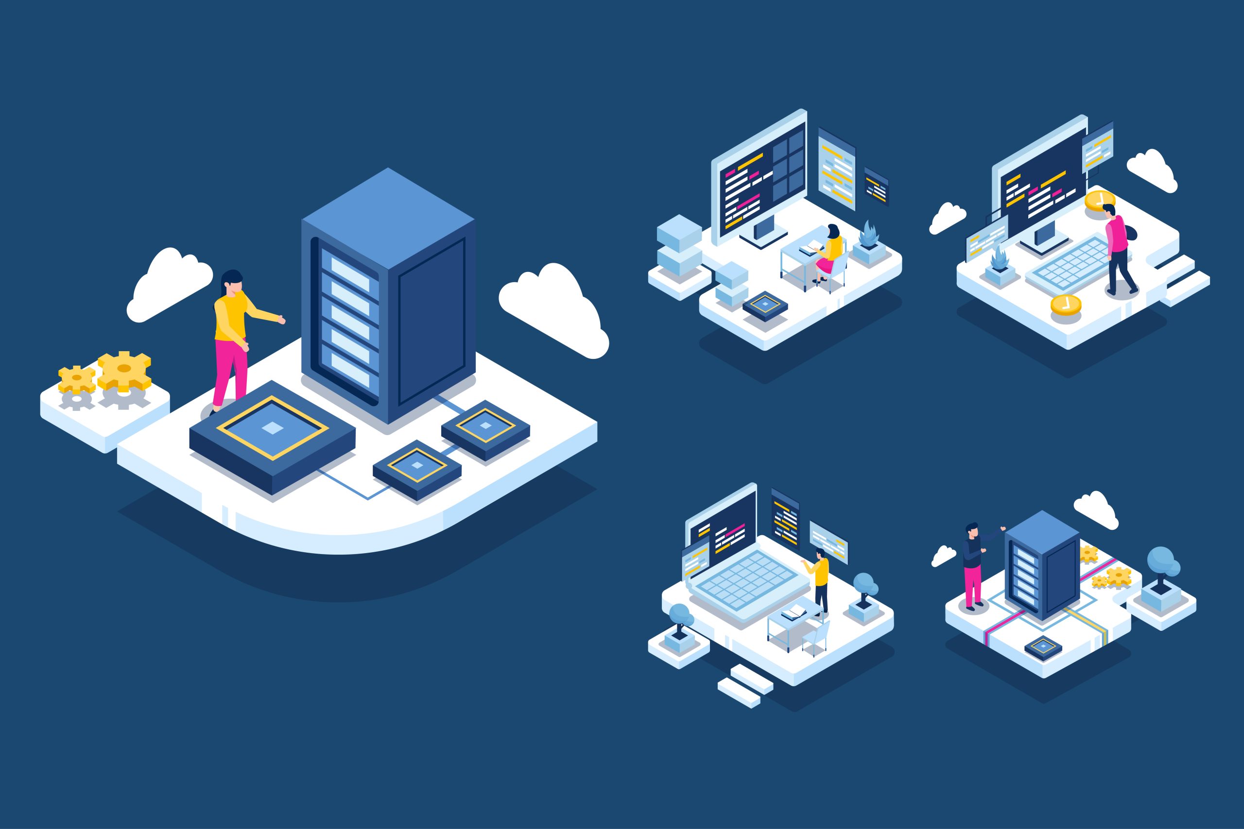Authorities working in data center room hosting server computer, Provide information services for business, isometric concept vector illustration